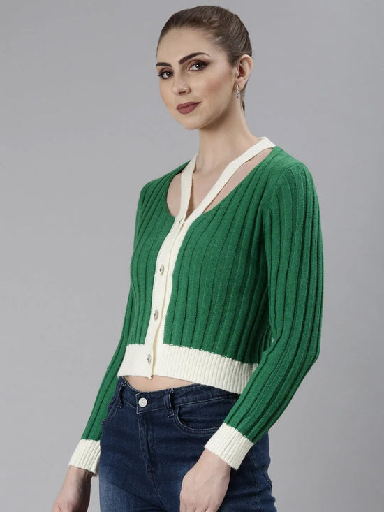 Women Green Self Design Cardigan-CHN-28732-Green