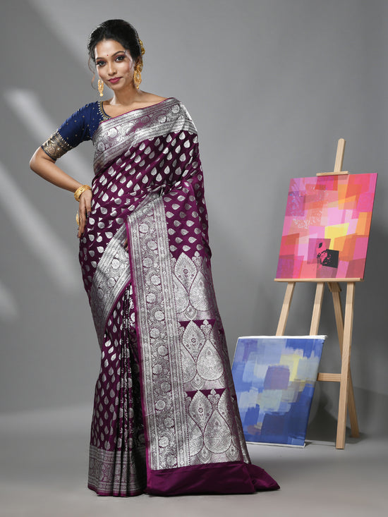 Purple Katan Silk Banarasi Saree With Ethnic Motifs And Zari Woven Designs-MA52KA441380061