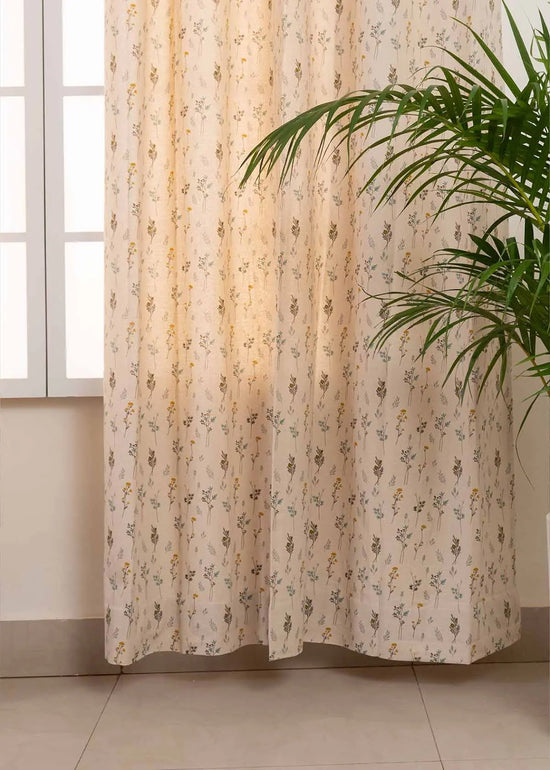 Blooming Meadows 100% cotton floral curtain for living room - Room darkening - Beige - Pack of 1-230421006