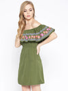 Off shoulder mini dress with print on the frill in Green