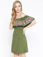 Off shoulder mini dress with print on the frill in Green