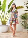 Women Multi Patch Printed Shawl Collar Tiered Dress