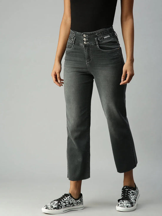 Women's Grey Solid Denim Wide Leg Jeans-IM9821-Grey