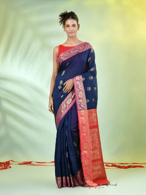 Navy Blue Cotton Saree With Nakshi Zari Borders-MA66BCT431050024