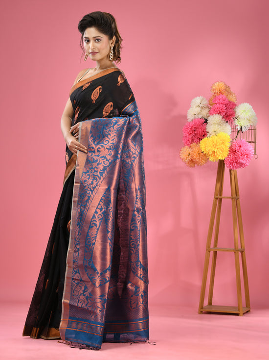 Black Cotton Blend Handwoven Saree With Paisley Motifs-MA51BCT431270011