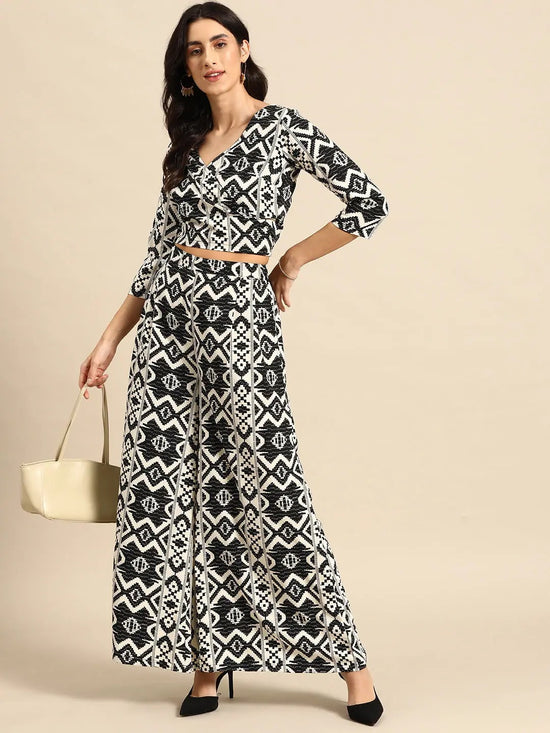 Overlap tie up crop top with flare pants in Black and Cream Ikkat Print