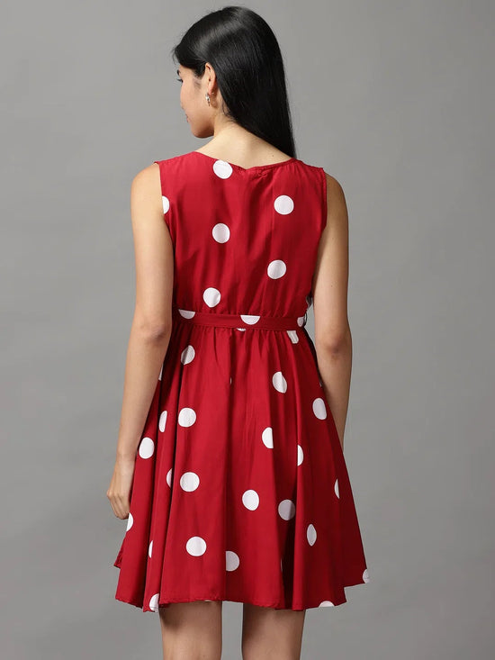 Women's Red Polka Dots Fit and Flare Dress-AE-15677-Maroon