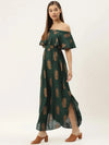 Off shoulder Flare yoke and U hem maxi dress in bottle green