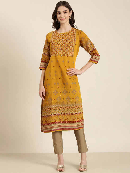 Women Mustard Embellished Straight Kurta-GW-3417-Mustard