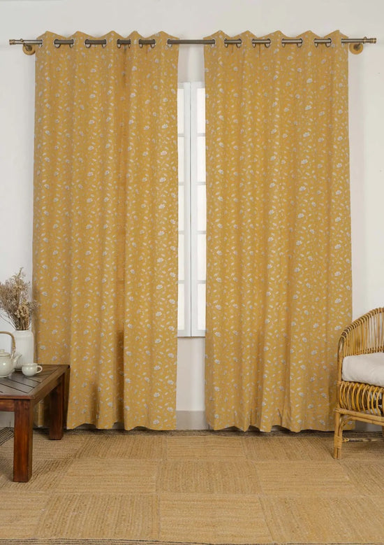 Eden mustard 100% cotton floral curtain for bed room - Room darkening - Single - Pack of 1-2404210008