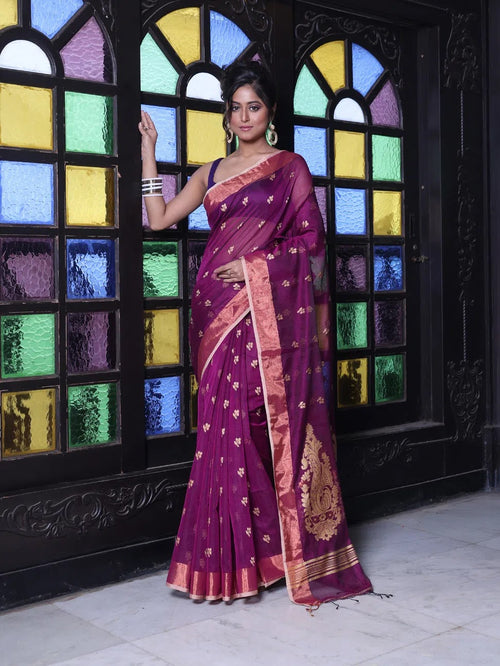 Purple Cotton Saree With Zari Borders-MA64BCT401190048