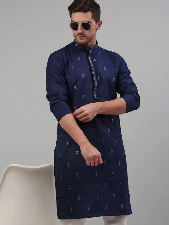 Men's Navy Blue Embroidered Straight Kurta Pyjama Set-JOKP-P-690Navy