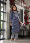 Blue Ethnic Motif Printed Cotton Kurta, Pant And Dupatta Set With Lace-J4917OT3BLUE