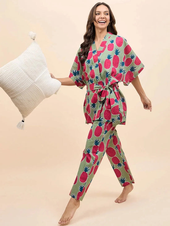 Kurta Pyjama with Kaftan Overlay Set in Green and Pink Pineapple Print