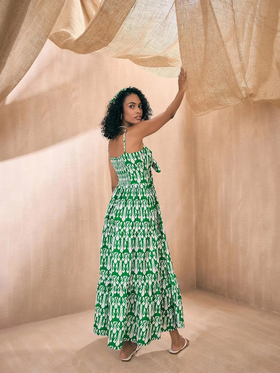 Women Green & White Ikat Print Front Knot Strappy Maxi