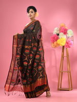 Black Cotton Blend Handwoven Saree With Zari Border-MA51BCT431600005