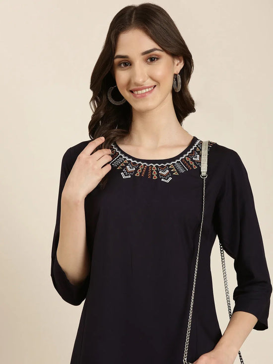 Women Navy Blue Solid Straight Kurta-DF-1562-Navyblue