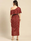 One Shoulder yoke overlap printed dress in Maroon