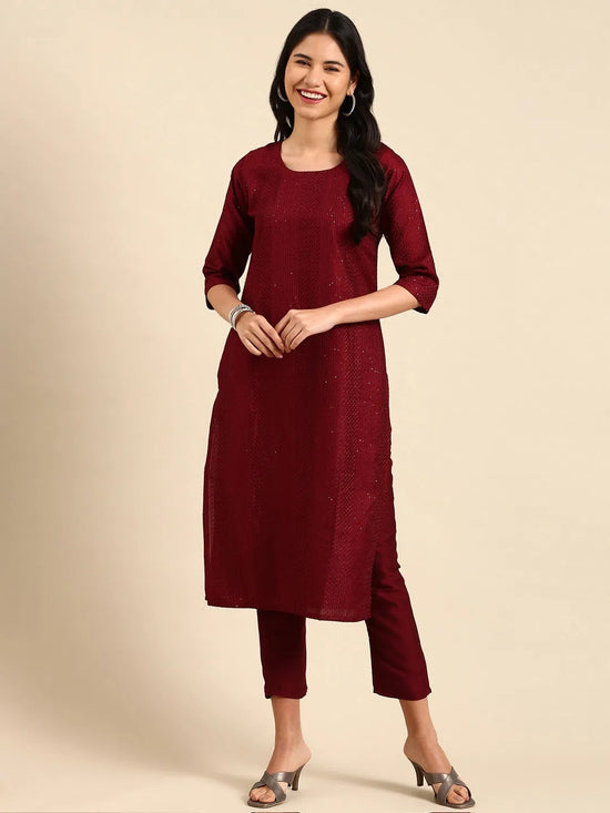 Women's Red Embroidered Kurta Set-SKC-837-Burgundy