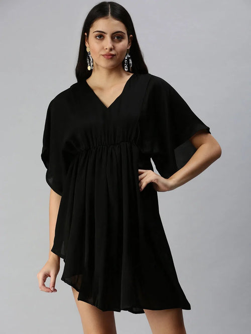 Women Black Solid A-Line Dress-AE-9932-Black