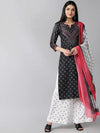 Ahika Women Black Polyester Printed Straight Kurta Palazzo Set With Dupatta