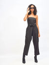 Women Black Twill Off-Shoulder Belted Jumpsuit