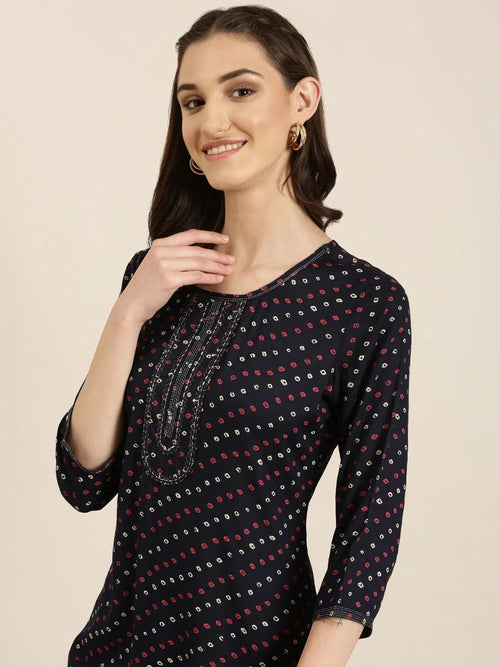 Women Navy Blue Printed Straight Kurta-HO-2797-Navyblue