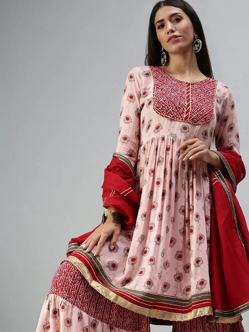 Women's Peach Printed Kurta Sets-FS2349-Peach