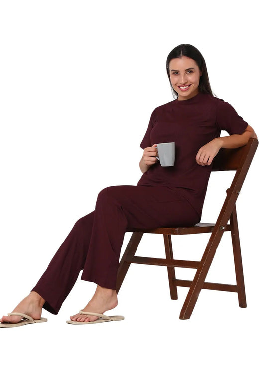 Smarty Pants Women's Cotton Wine Color Round Neck Night Suit