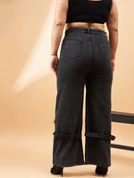 Women Black Acid Wash Hem Zipper Detail Straight Jeans