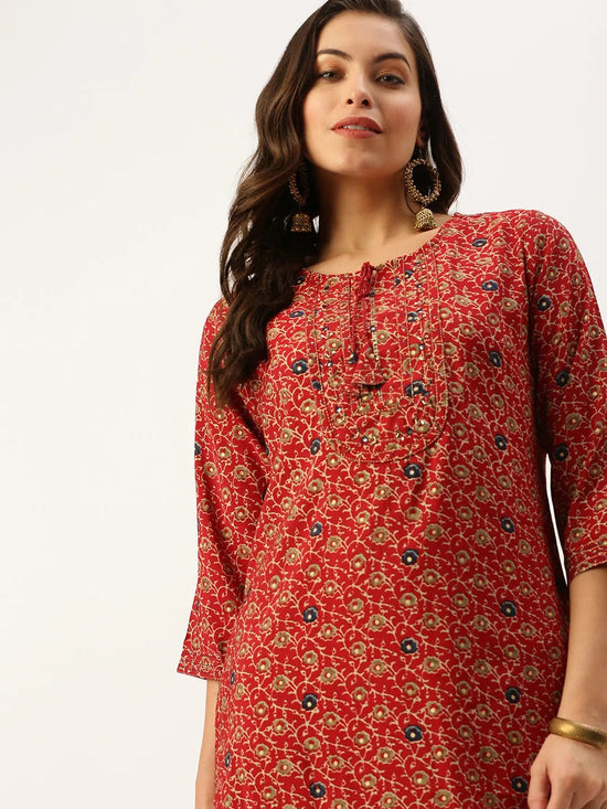 Women's Red Printed Straight Kurtas-HO-1431-Maroon