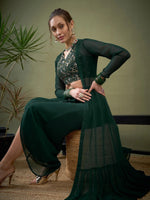 Women Emerald Green Crop Top With Dhoti Skirt & Shrug