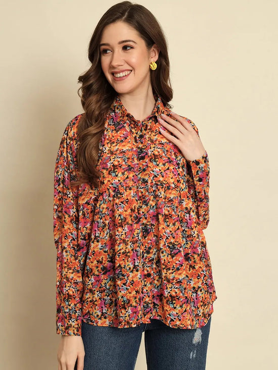 Multi Printed Shirt Style Boxy Top