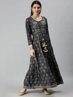 Women's Grey Printed Anarkali Kurta-RZ88-Grey