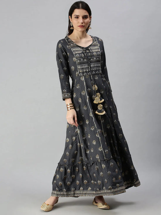 Women's Grey Printed Anarkali Kurta-RZ88-Grey