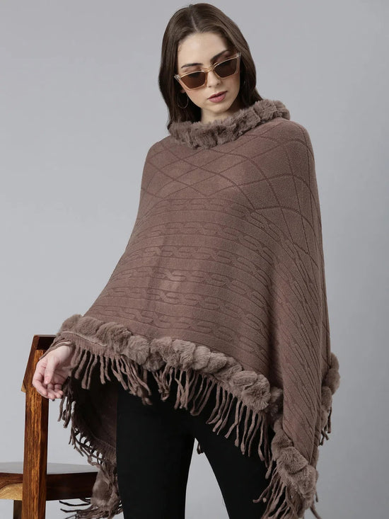 Women Taupe Self Design Poncho-CHN-9913-Taupe