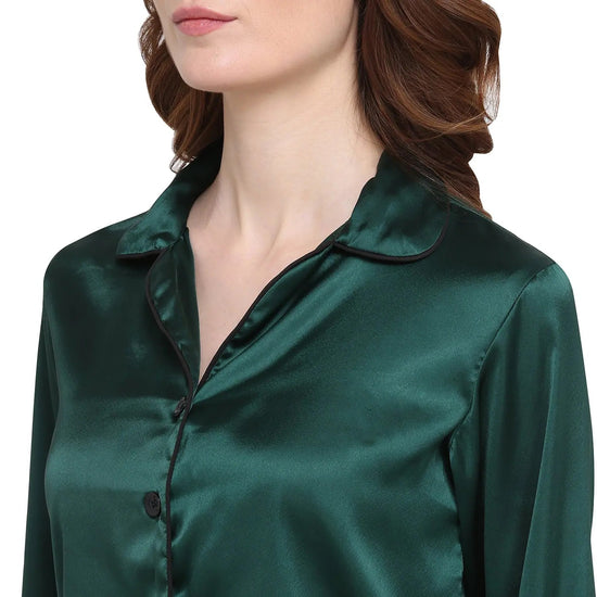 Smarty Pants Women's Silk Satin Solid Bottle Green Color Night Suit