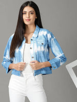 Women's Blue Printed Open Front Jacket-AE-0174-Blue