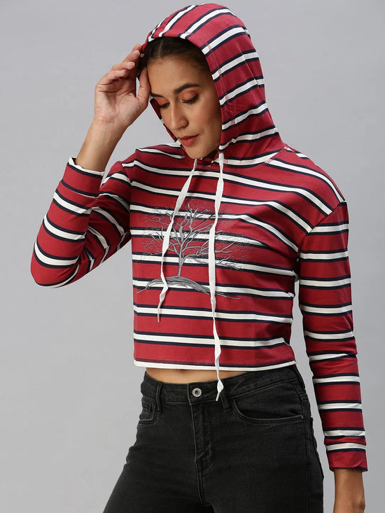 Women's Red Striped Crop Pullover Sweatshirt-AF-1778-Maroon