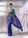 Blue And Teal Cotton Saree With Stripes Design-MA55CT06520027