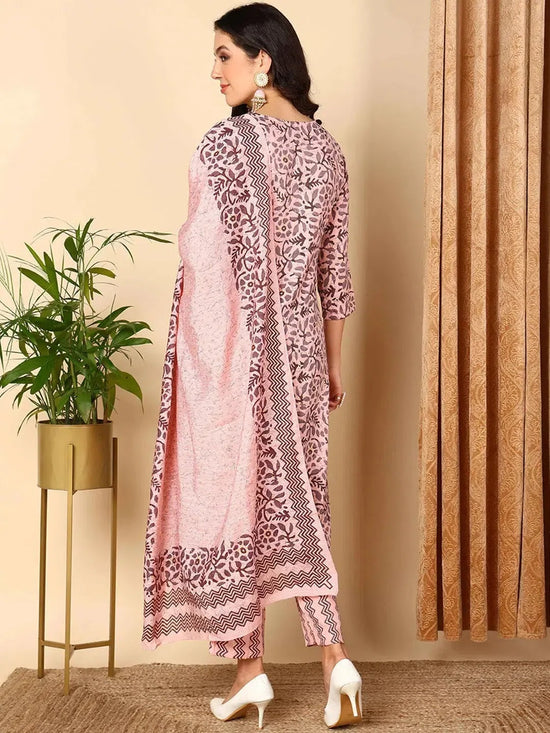 Ahika Women Pink Silk Blend Printed Straight Kurta Pant Set