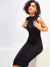 Women Black Ruched Sleeveless Bodycon Midi Dress