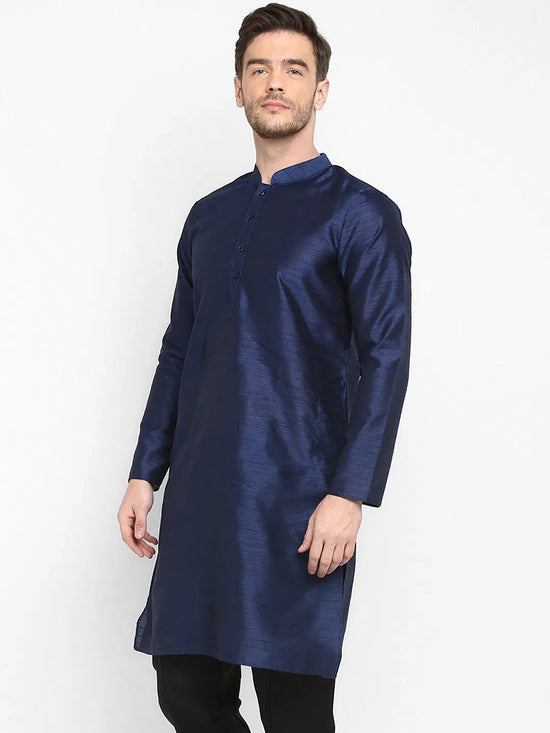 Hangup Men Standard Solid Men's Indian Wear-Navy_Dupion_LongKurta