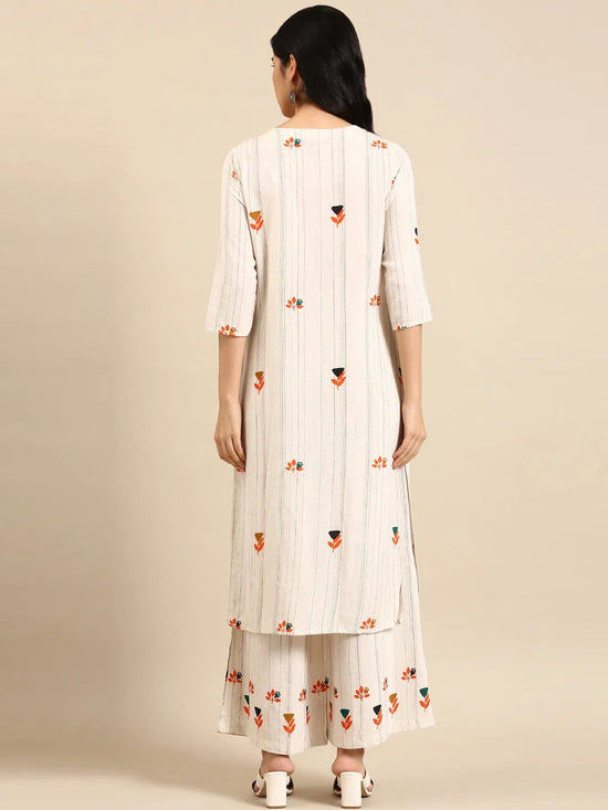 Women's White Striped Kurta Set-GW-617-Offwhite