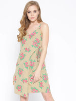 Overlap Rose Printed Dress with side tie up in Beige