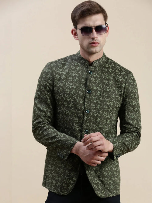 Men Green Printed Casual Blazer-SOBLZ-029-7-Olive