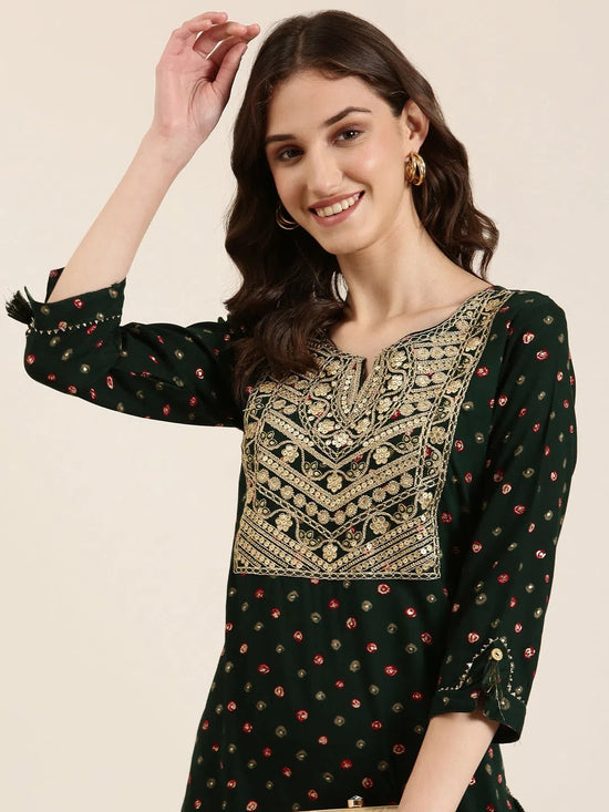 Women Green Printed Straight Kurta-AT-A1042-K-Green