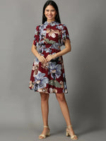 Women's Maroon Printed Fit and Flare Dress-AE-15741-Maroon