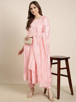 Women Anarkali Pink Solid Kurta and Trousers Set Comes With Dupatta-UB-2886-Pink