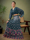 Women Green Floral Anarkali Skirt With Crop Top